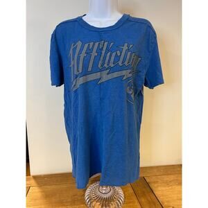 AFFLICTION Sz M Blue Crewneck T-Shirt Distressed Wash Graphic Raw Seam *SeeSpot*